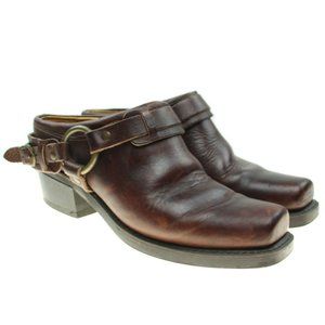 FRYE Brown Leather Harness Slip-on Western Mules